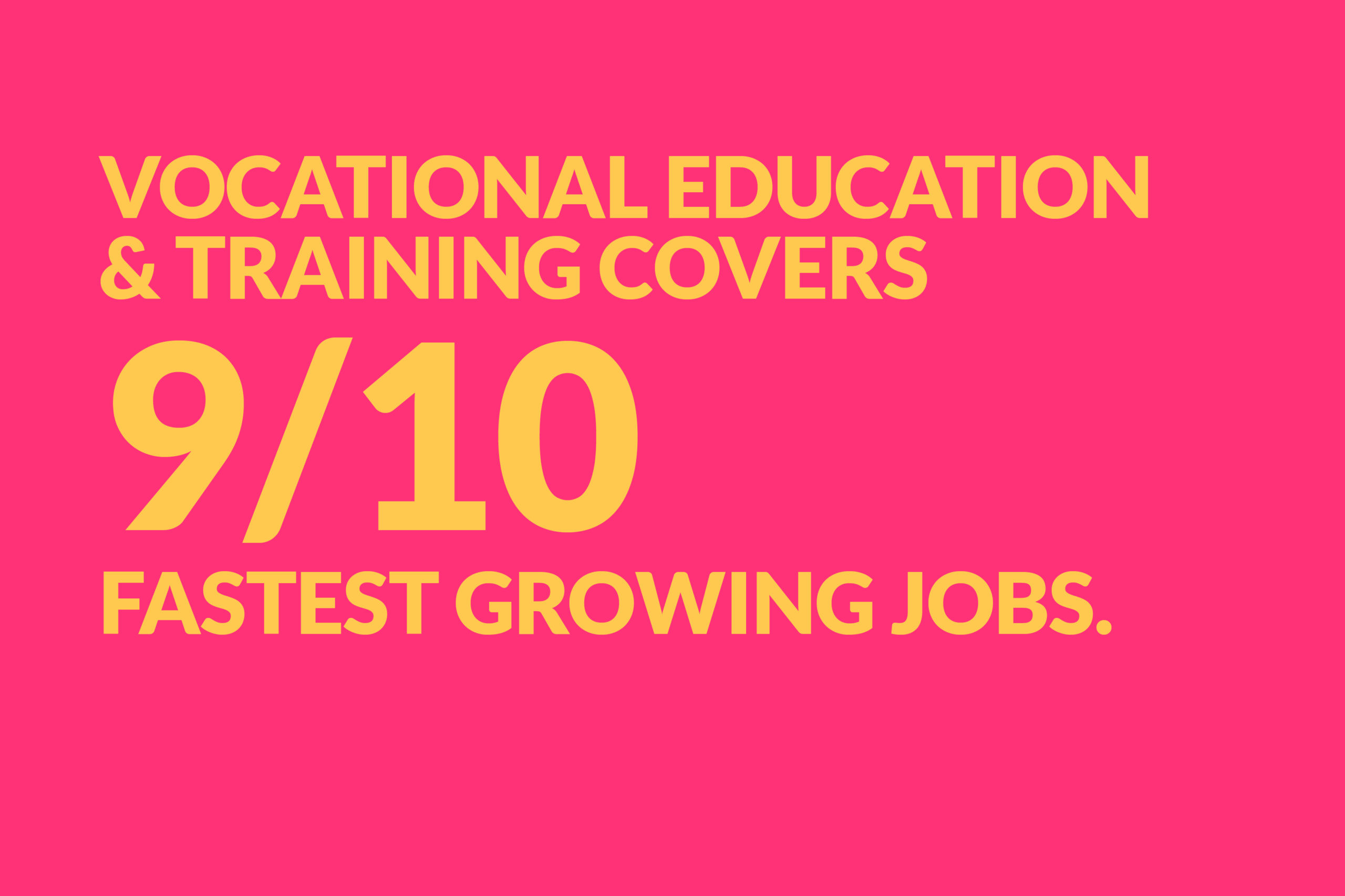 Pink background with yellow copy saying, 'Vocational education and training covers 9/10 fastest growing jobs.'