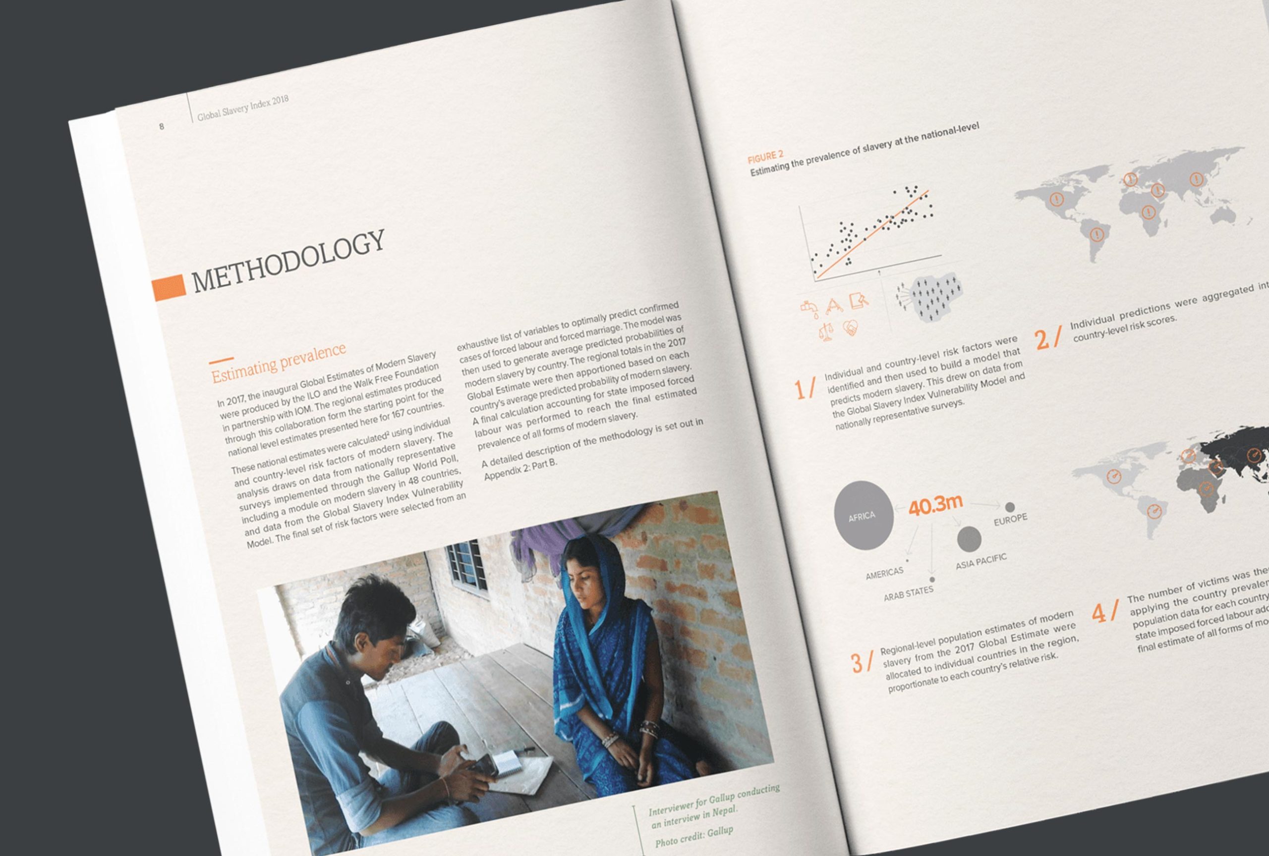 A spread from The Global Slavery Index book, showing their methodology.
