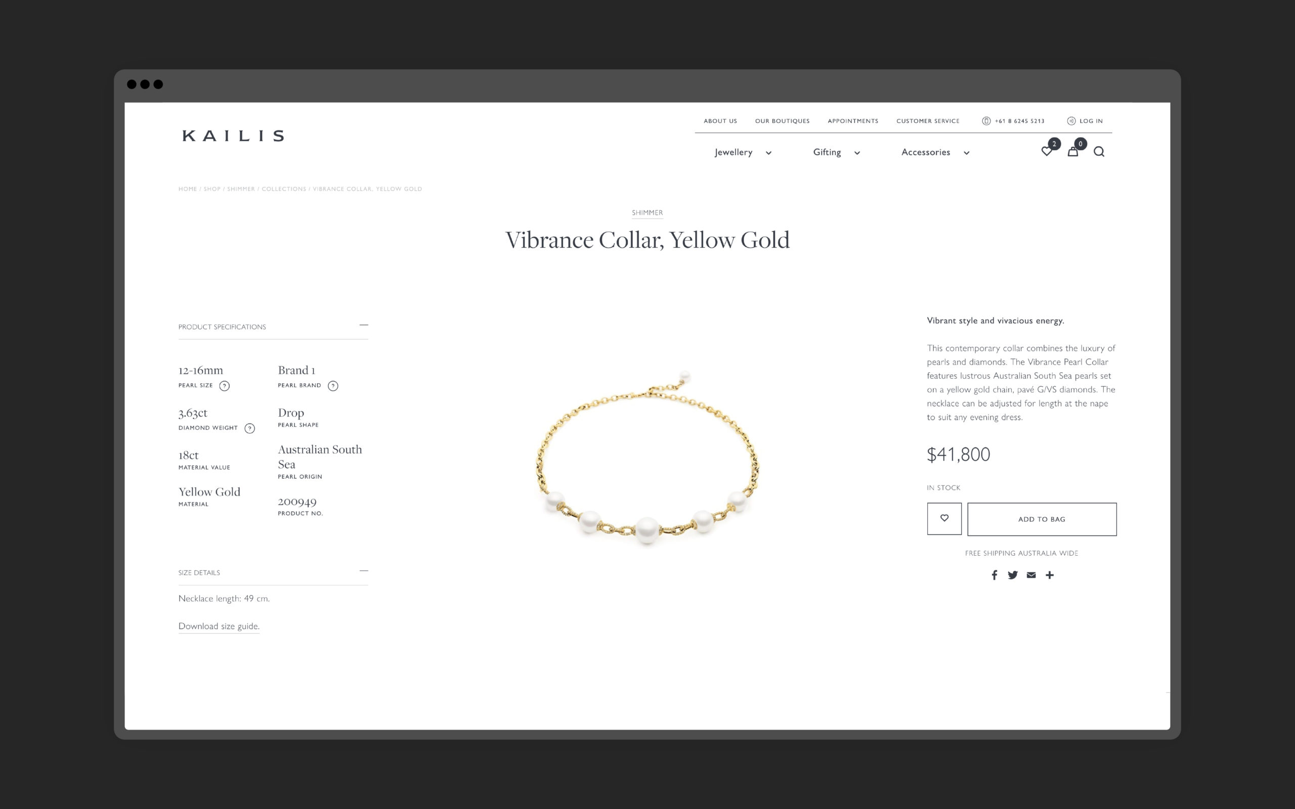 A gold necklace on a clean and minimally designed shop page on the Kailis website. To the right is a description of the luxurious product and the price of $41,800.