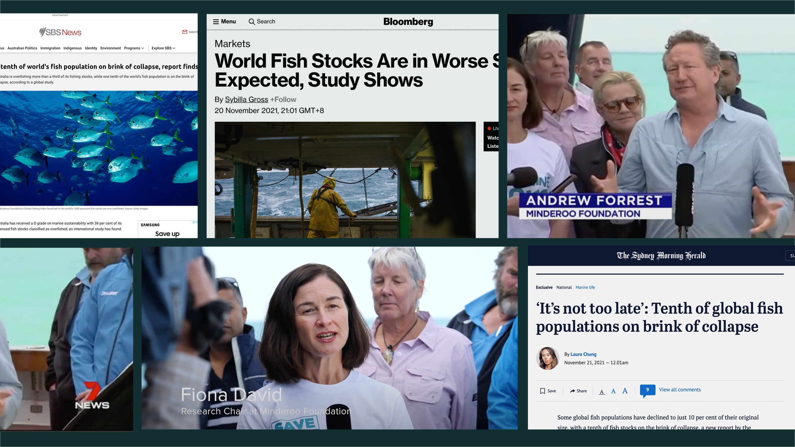 Five screenshots of media—articles and news stories—about the problem of overfishing.