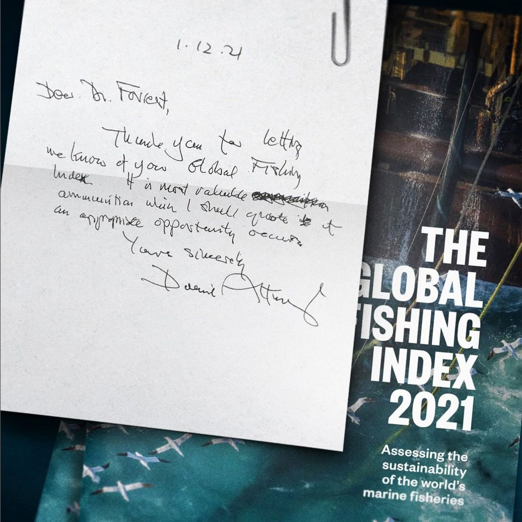 Handwritten letter from Sir David Attenborough paper clipped to the Global Fishing Index 2021 report.