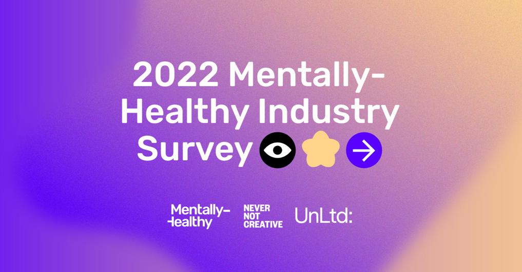 Graphic with text: 2022 Mentally - Healthy Industry Survey. With logos: Mentally Healthy, Never Not Creative, UnLtd: