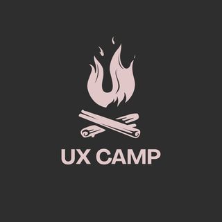 UX CAMP logo made up of a campfire illustration shaped to resemble a U (fire) and and X (crossed wood.)