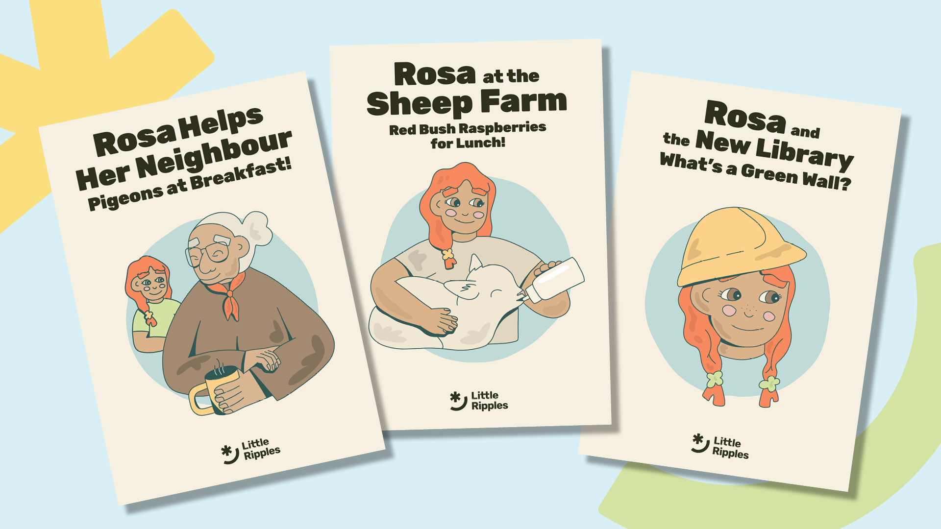 Three book covers featuring main character, Rosa, on the covers. Titles read: Rosa helps a neighbour, Rosa at the Sheep Far,, and Rosa and the New Library.