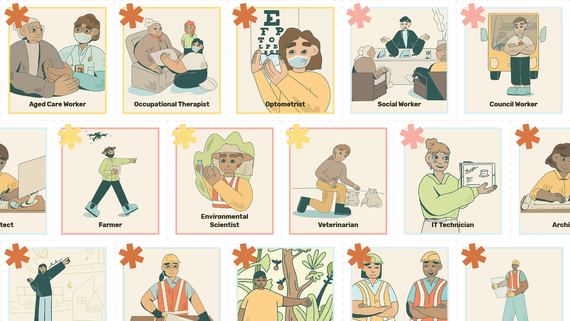 3 Rows of 16 illustrated characters doing various jobs and trades.