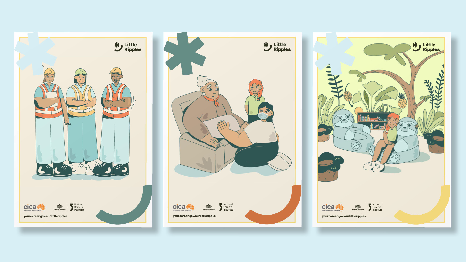 3 Posters picturing characters from the Little Ripples eReaders including construction workers, aged care worker, and a young student in a jungle themed library.