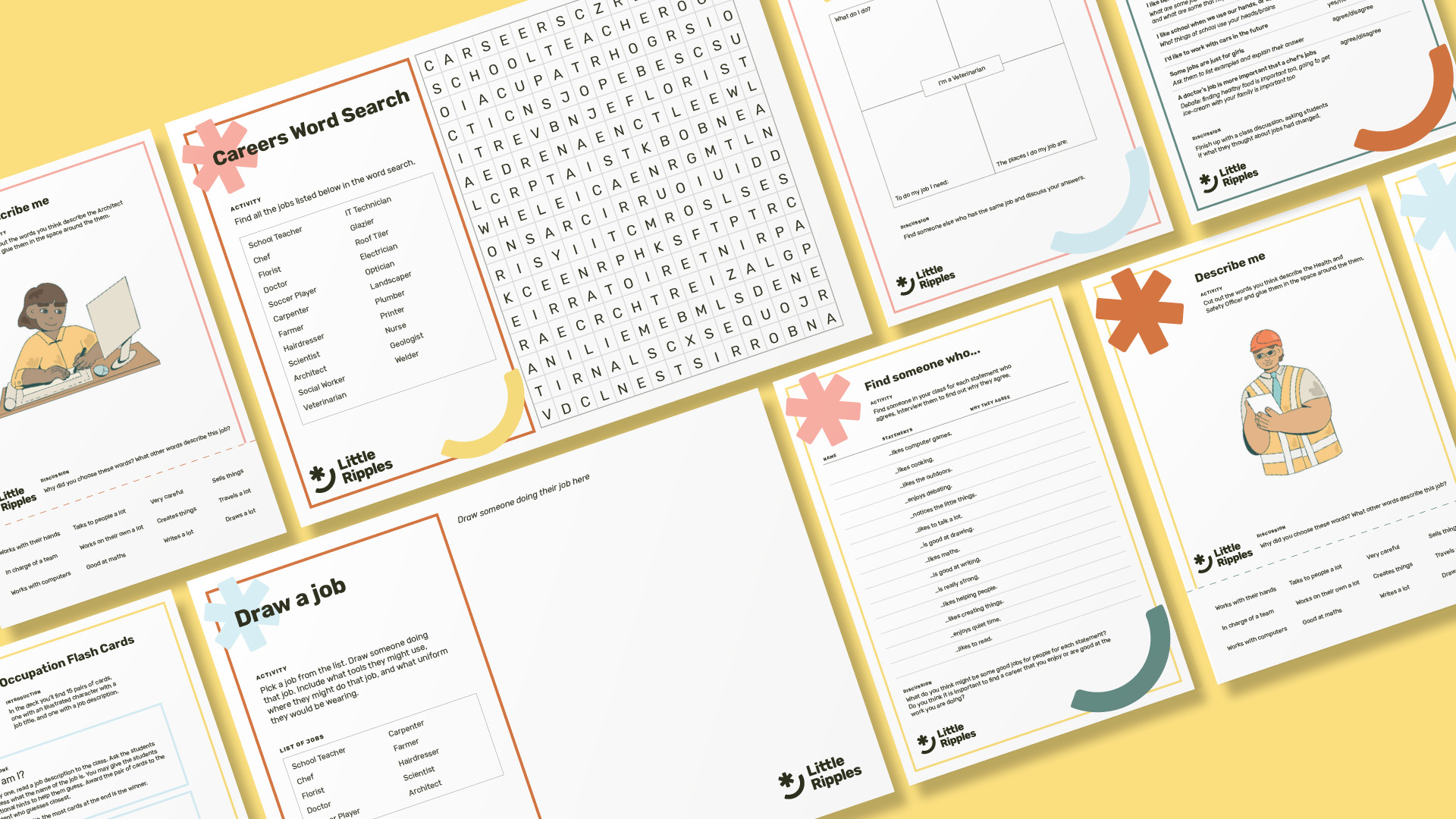 A series of 9 activity sheets on a yellow background including titles "Careers word search", "Draw a job", "Find someone who", "describe me"