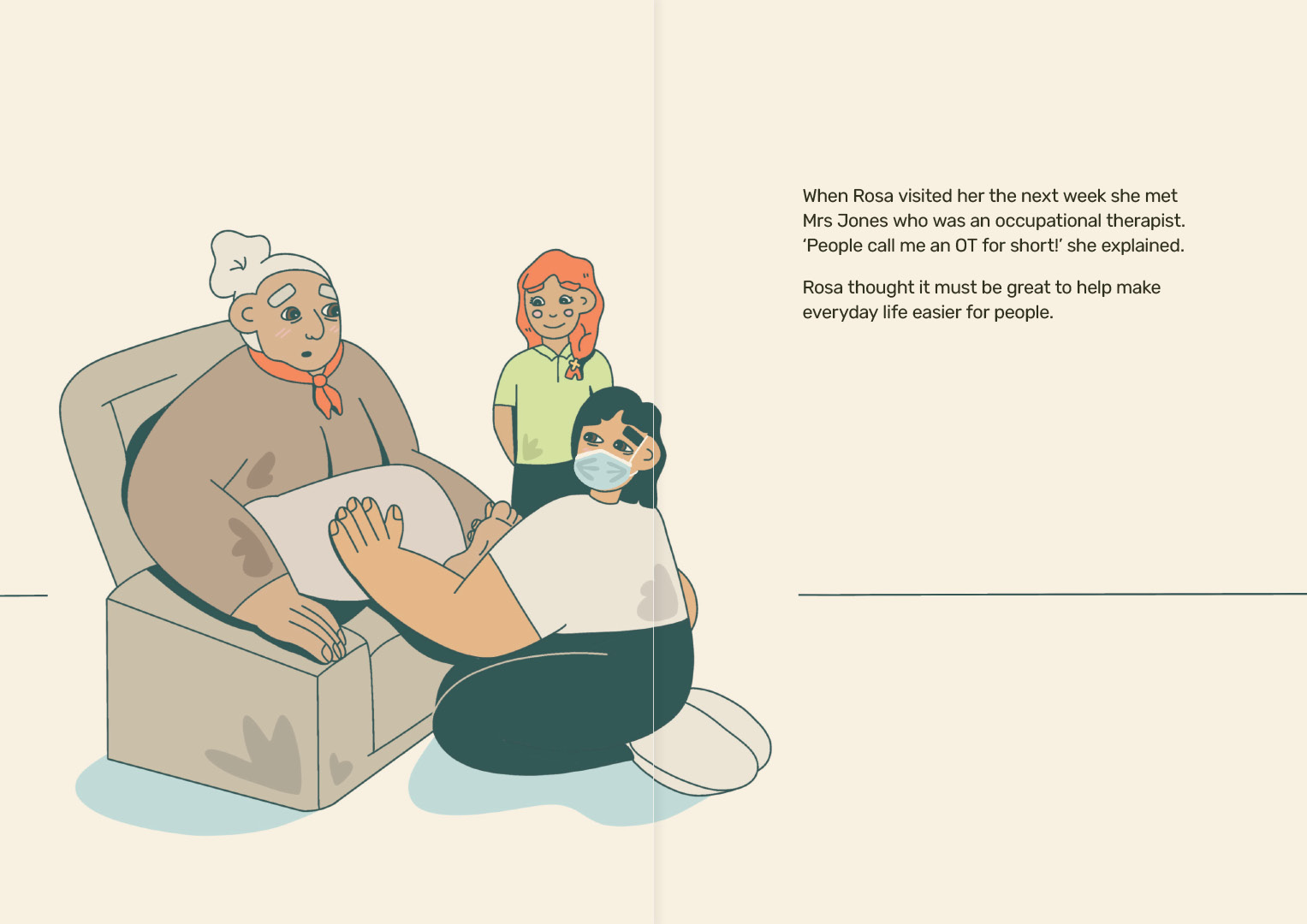 Illustrated spread from eReader picturing an aged care worker attending to the ankle of an elderly woman.