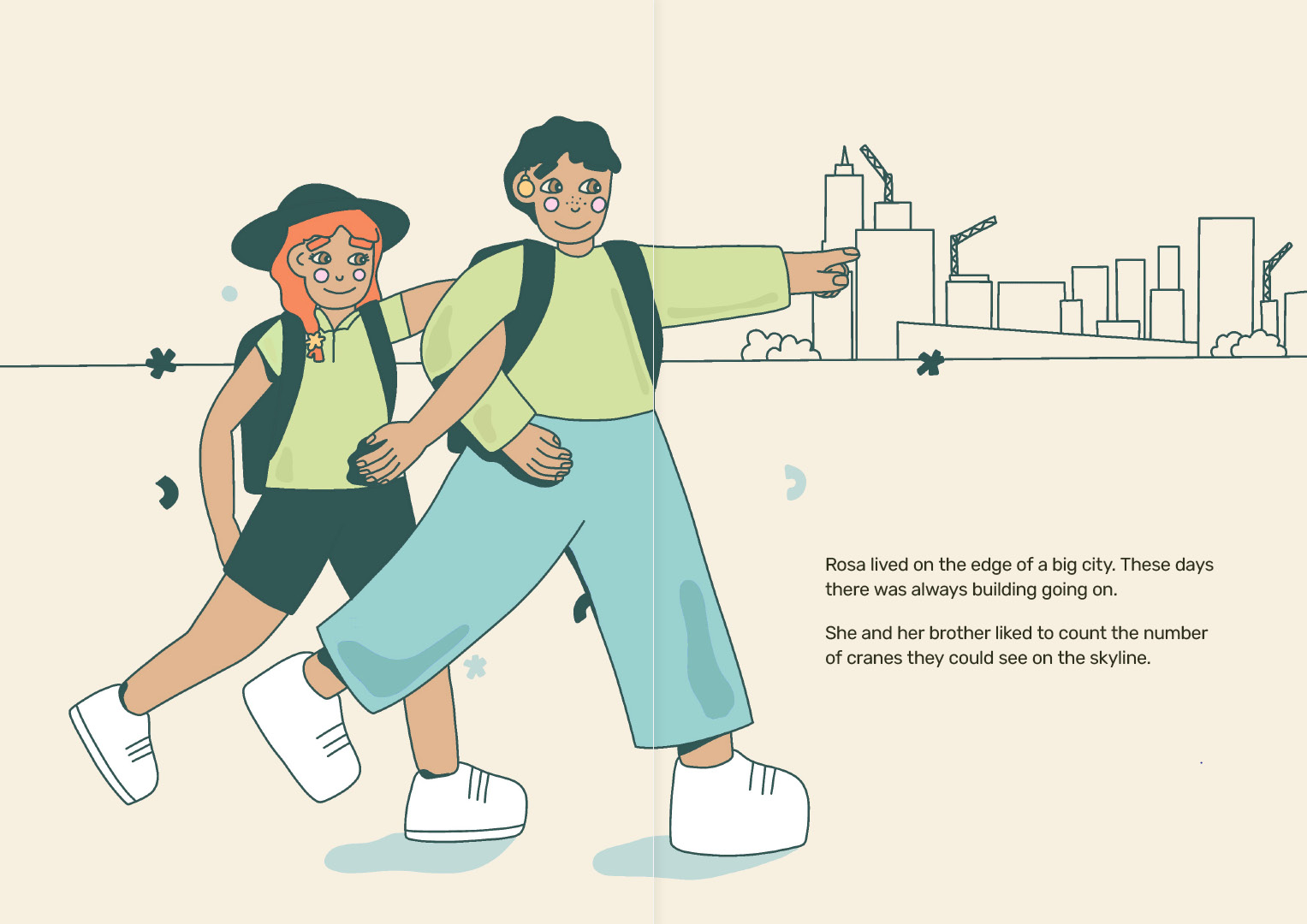 Illustrated spread from eReader picturing a brother and sister pointing to a city in the background.