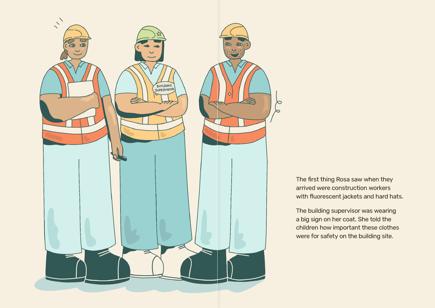 Illustrated spread from eReader picturing 3 construction workers in high vis uniforms and hard hats.