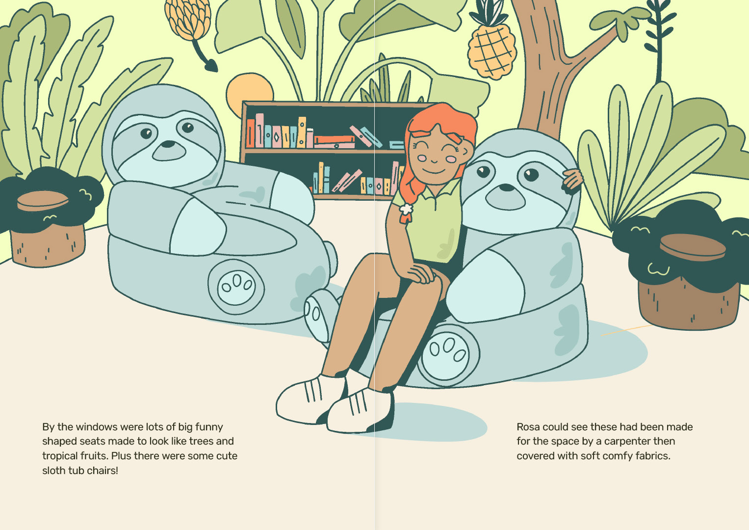 Illustrated spread from eReader picturing Rosa on a sloth chair in the library.