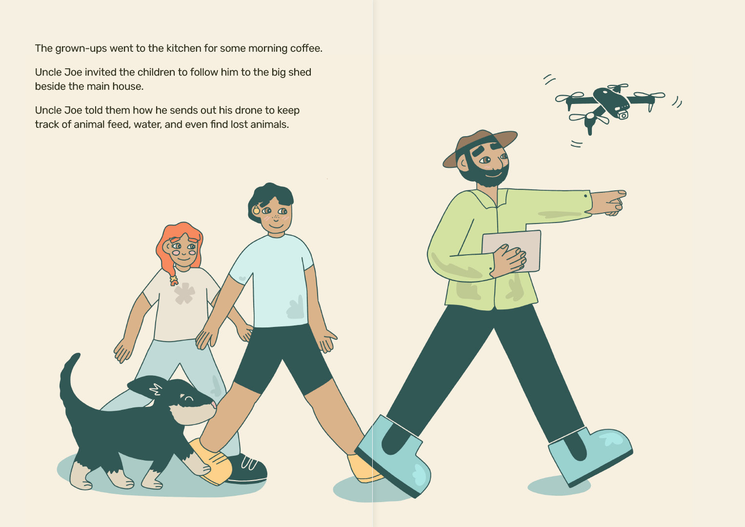 Illustrated spread from eReader picturing a Farmer with a drone leading two children and a dog.