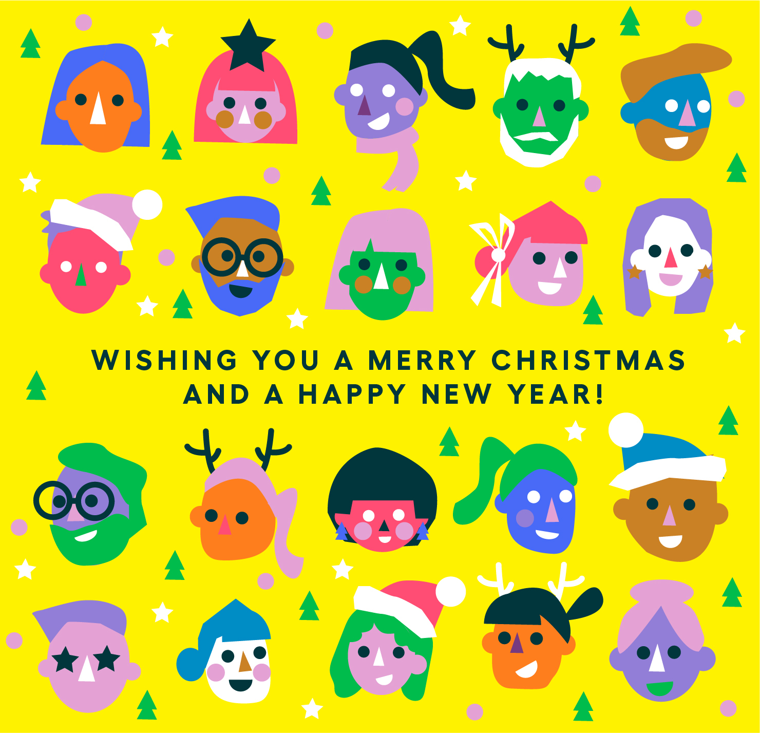 20 cartoon faces representing the employees of Anthologie. Text: Wishing you a merry Christmas and a happy new year!